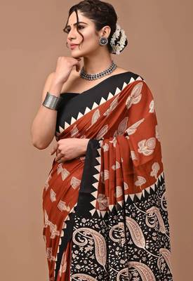 Printed floral ethnic motifs linen digital saree with blouse piece 4