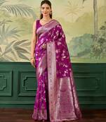 Woven design floral zari silk blend handloom banarasi saree with blouse piece