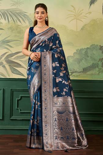 Woven design floral zari silk blend handloom banarasi saree with blouse piece