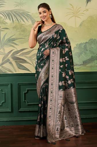 Woven design floral zari silk blend handloom banarasi saree with blouse piece