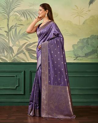 Woven design zari silk blend handloom banarasi saree with blouse piece 2