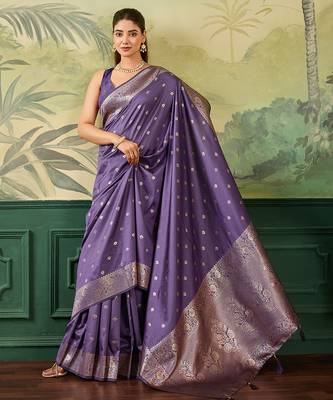 Woven design zari silk blend handloom banarasi saree with blouse piece 4