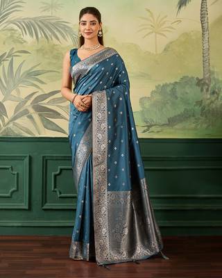 Woven design zari silk blend handloom banarasi saree with blouse piece 1