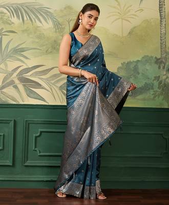 Woven design zari silk blend handloom banarasi saree with blouse piece 4