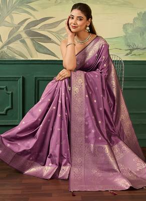 Woven design zari silk blend handloom banarasi saree with blouse piece 4