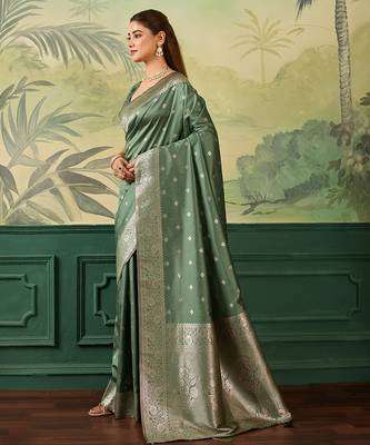 Woven design zari silk blend handloom banarasi saree with blouse piece 2