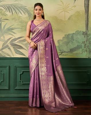 Woven design zari silk blend handloom banarasi saree with blouse piece 1