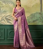 Woven design zari silk blend handloom banarasi saree with blouse piece