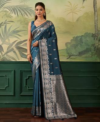 Woven design zari silk blend handloom banarasi saree with blouse piece 1