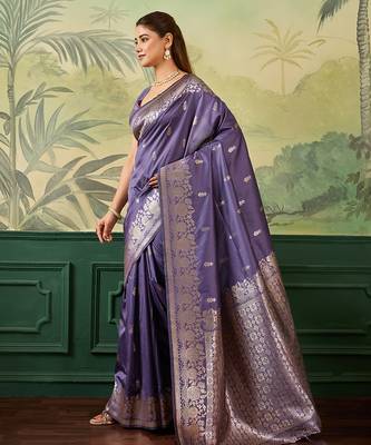 Woven design zari silk blend handloom banarasi saree with blouse piece 2