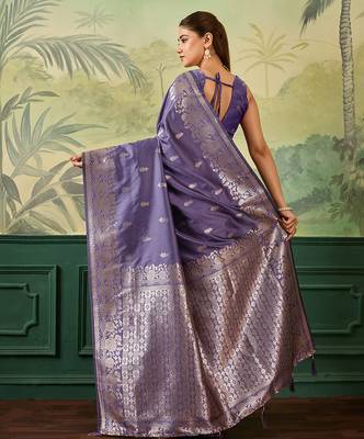 Woven design zari silk blend handloom banarasi saree with blouse piece 3