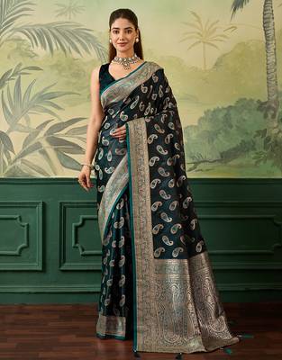 Woven design zari satin handloom mysore silk saree with blouse piece 1