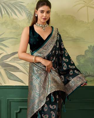 Woven design zari satin handloom mysore silk saree with blouse piece 5