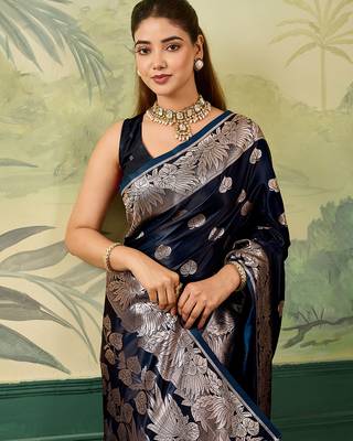 Woven design zari satin handloom mysore silk saree with blouse piece 5