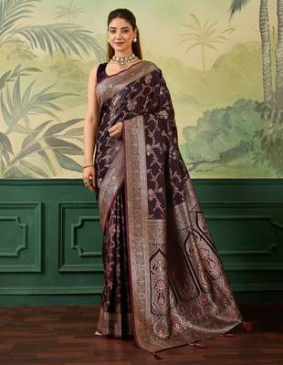 Woven design zari satin handloom mysore silk saree with blouse piece 1