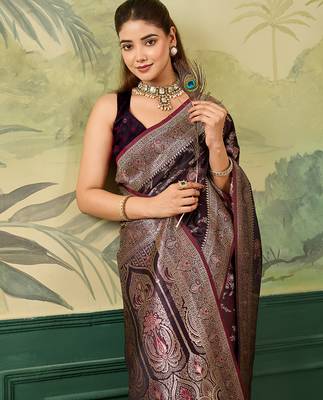 Woven design zari satin handloom mysore silk saree with blouse piece 5