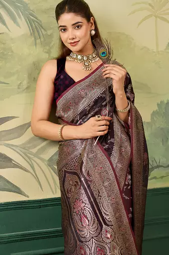 Woven design zari satin handloom mysore silk saree with blouse piece