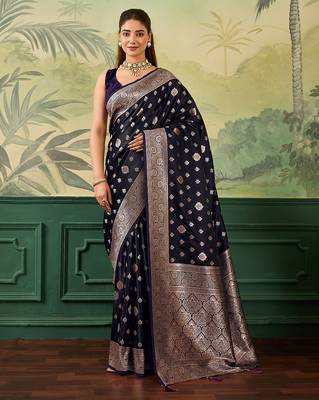 Woven design zari satin handloom mysore silk saree with blouse piece 1