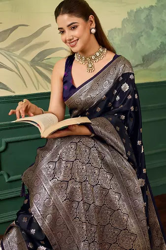 Woven design zari satin handloom mysore silk saree with blouse piece