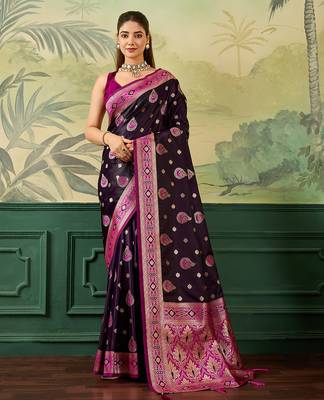 Woven design zari satin handloom mysore silk saree with blouse piece 1