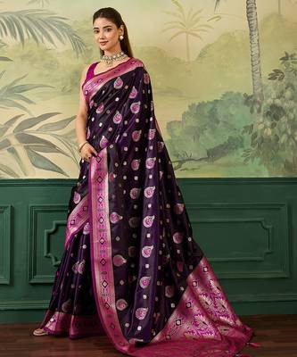 Woven design zari satin handloom mysore silk saree with blouse piece 4