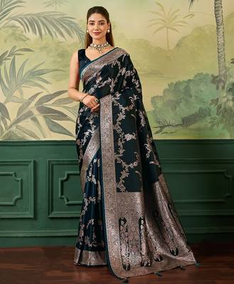 Woven design zari satin handloom mysore silk saree with blouse piece 1