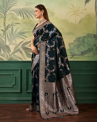Woven design zari satin handloom mysore silk saree with blouse piece 2