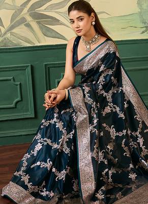 Woven design zari satin handloom mysore silk saree with blouse piece 4
