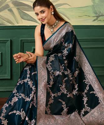 Woven design zari satin handloom mysore silk saree with blouse piece 5