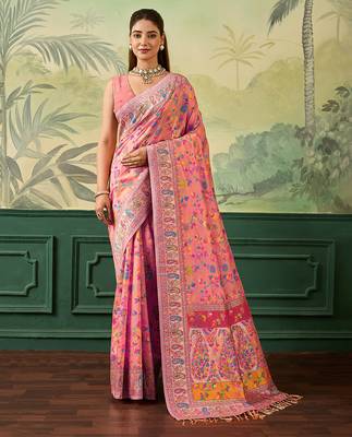 Floral zari pashmina handloom kanjeevaram saree with blouse piece 1
