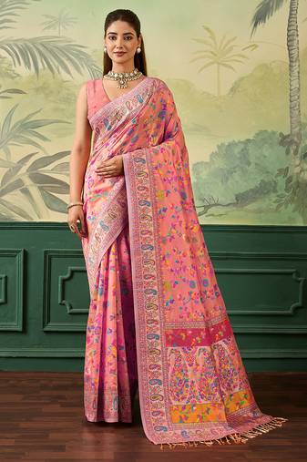 Floral zari pashmina handloom kanjeevaram saree with blouse piece