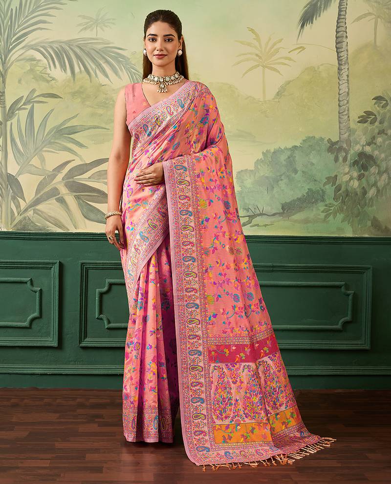 Floral zari pashmina handloom kanjeevaram saree with blouse piece