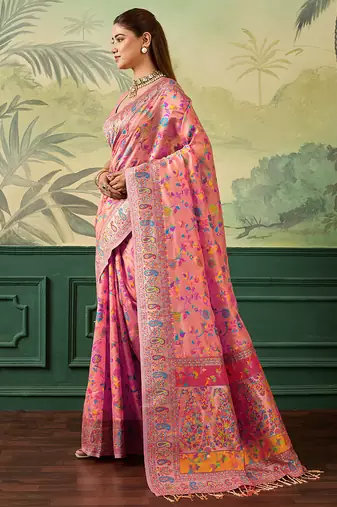 Floral zari pashmina handloom kanjeevaram saree with blouse piece