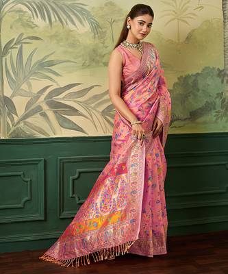 Floral zari pashmina handloom kanjeevaram saree with blouse piece 4