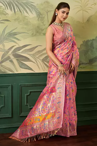 Floral zari pashmina handloom kanjeevaram saree with blouse piece