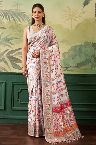 Floral zari pashmina handloom kanjeevaram saree with blouse piece