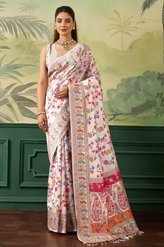 Floral zari pashmina handloom kanjeevaram saree with blouse piece