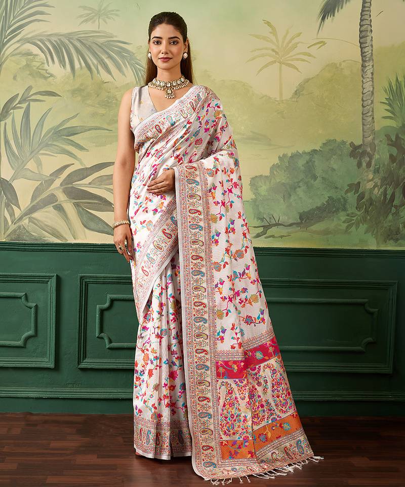 Floral zari pashmina handloom kanjeevaram saree with blouse piece