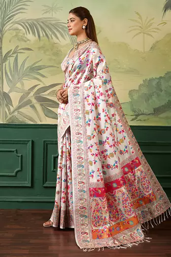 Floral zari pashmina handloom kanjeevaram saree with blouse piece