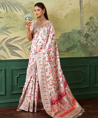 Floral zari pashmina handloom kanjeevaram saree with blouse piece 4