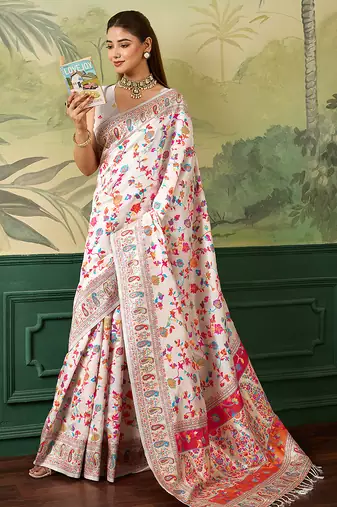 Floral zari pashmina handloom kanjeevaram saree with blouse piece