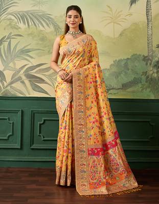 Floral zari pashmina handloom kanjeevaram saree with blouse piece 1