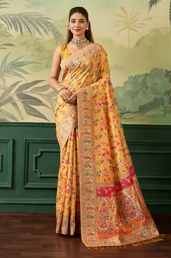 Floral zari pashmina handloom kanjeevaram saree with blouse piece