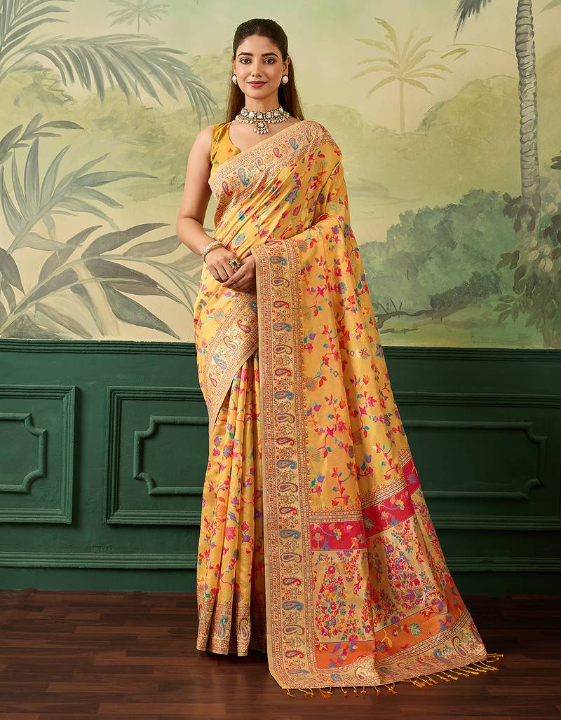 Floral zari pashmina handloom kanjeevaram saree with blouse piece