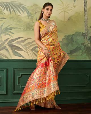 Floral zari pashmina handloom kanjeevaram saree with blouse piece 4