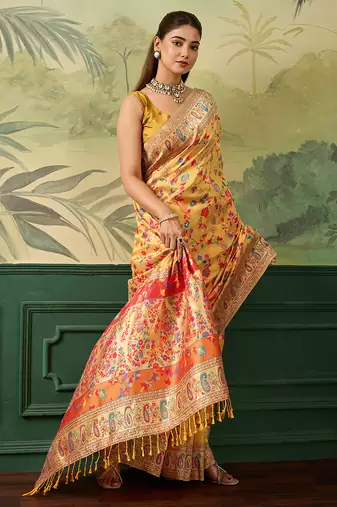 Floral zari pashmina handloom kanjeevaram saree with blouse piece