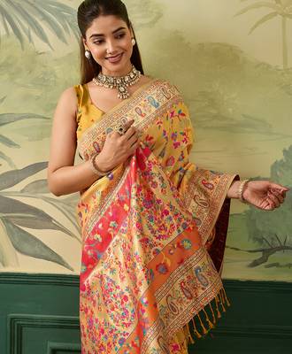Floral zari pashmina handloom kanjeevaram saree with blouse piece 5