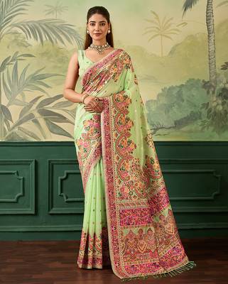 Floral zari pashmina handloom kanjeevaram saree with blouse piece 1