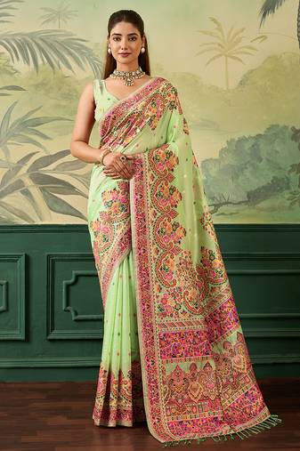 Floral zari pashmina handloom kanjeevaram saree with blouse piece