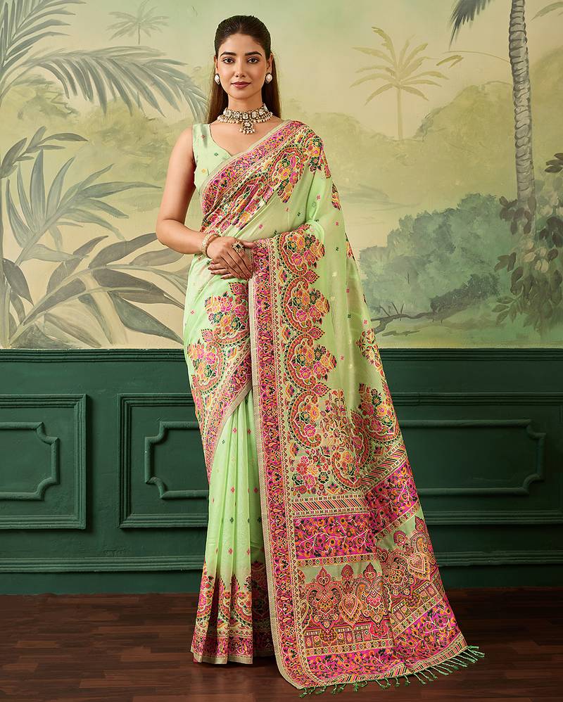 Floral zari pashmina handloom kanjeevaram saree with blouse piece